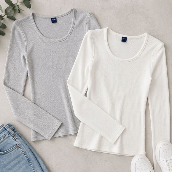 Old Navy Tops - Old Navy Ribbed Long Sleeve Tops L Gray Ivory Stretch Layering Tees 2 Piece Lot
